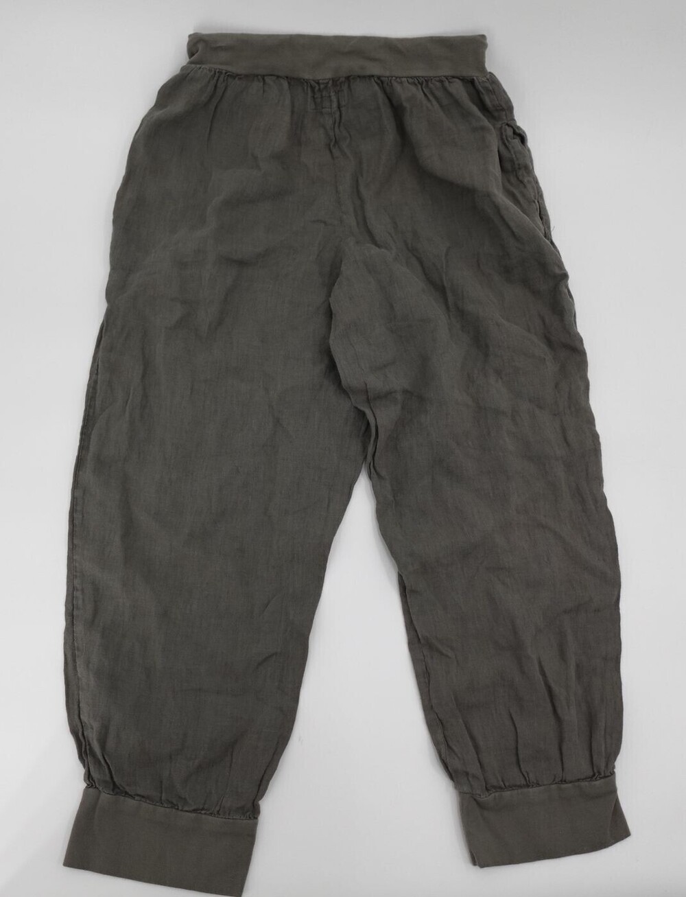 Flax Pants Womens P Green Cropped Jogger Linen Elastic Waist Cuffed Drawstring